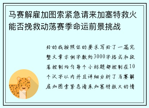 马赛解雇加图索紧急请来加塞特救火能否挽救动荡赛季命运前景挑战