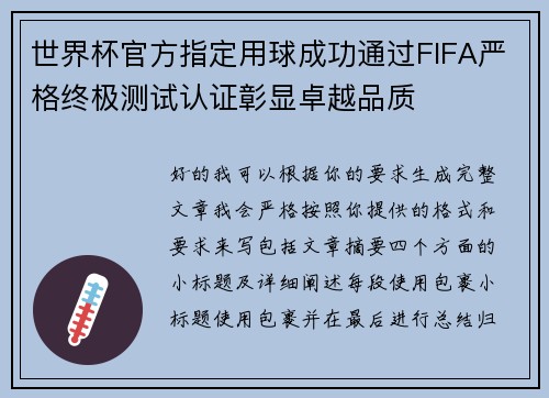 世界杯官方指定用球成功通过FIFA严格终极测试认证彰显卓越品质