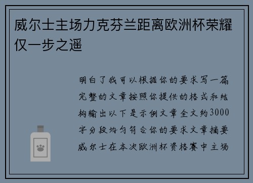 威尔士主场力克芬兰距离欧洲杯荣耀仅一步之遥