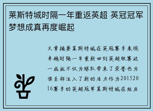 莱斯特城时隔一年重返英超 英冠冠军梦想成真再度崛起